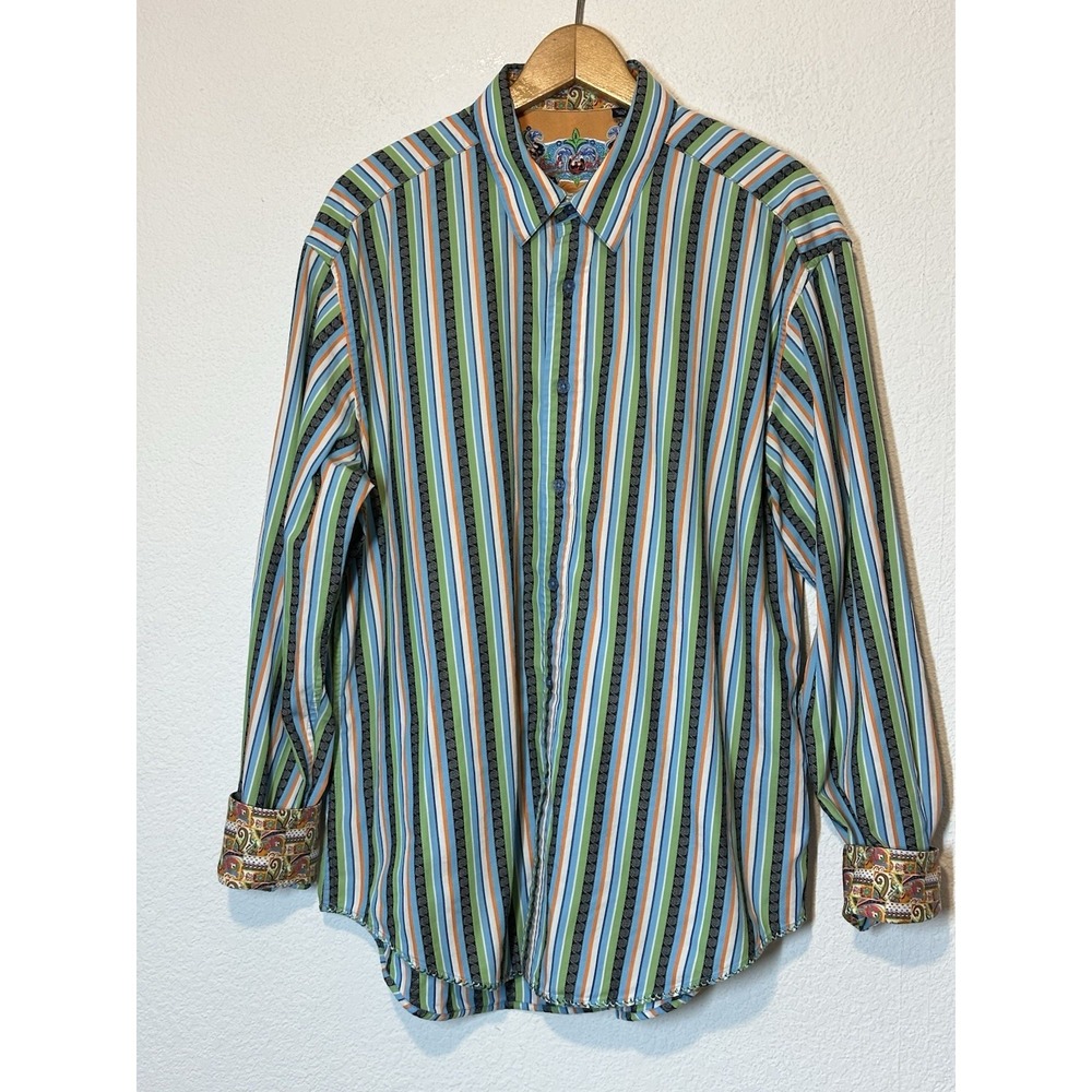 Robert Graham Button Shirt Mens Size XL Contrast‎ Cuff Long Sleeve Striped